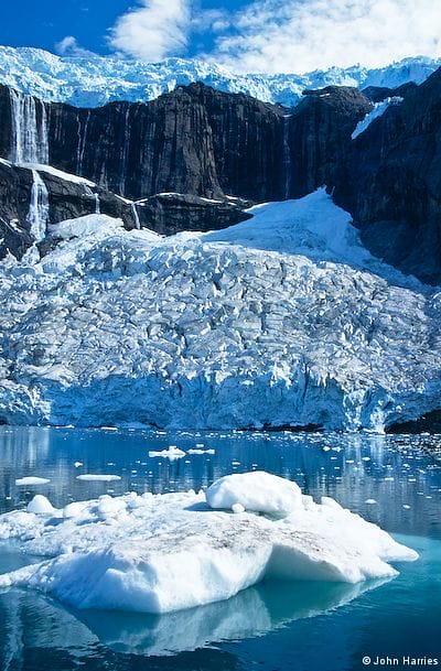 A hanging glacier in Søndre Skjoldungenfjord, Southeast Greenland