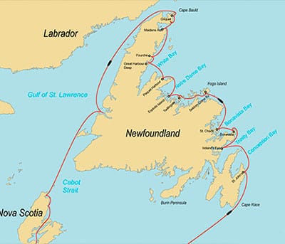 A map showing aluminum expedition sailboat Morgan's Cloud's 2005 circumnavigation of Newfoundland