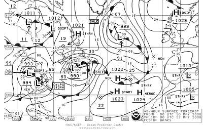 A surface forecast weatherfax map from May 10, 2008