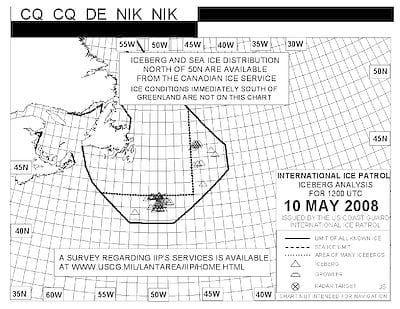 An International Ice Patrol Iceberg Analysis chart for May 10, 2008
