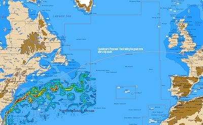 A map of the North Atlantic with the questioner's proposed sailing route from New York, USA to Falmouth, England with the Gulf Stream and its eddies shown.