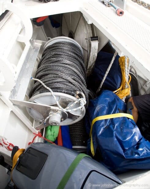 A closer view of the port forward locker. The webbing on the reel forward is a spare anchor rode.
