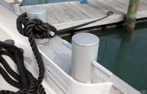 Now that's a cleat! Also, because the bollard is above the toe rail, no fairlead is required and so there is no possibility of chafe.