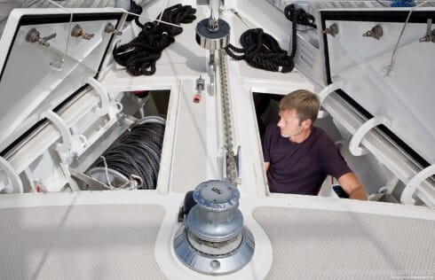 The whole forward end of the boat is given over to a massive storage locker that can swallow up dinghy, outboard, spare anchors, two large line reels and just about everything else required for aggressive high latitude cruising. Michael and Martina believe, as we do, that the deck should be completely cleared before going to sea. For that reason "Polaris", like "Morgan's Cloud", does not have a rigid bottom dinghy since that would preclude stowing it below.