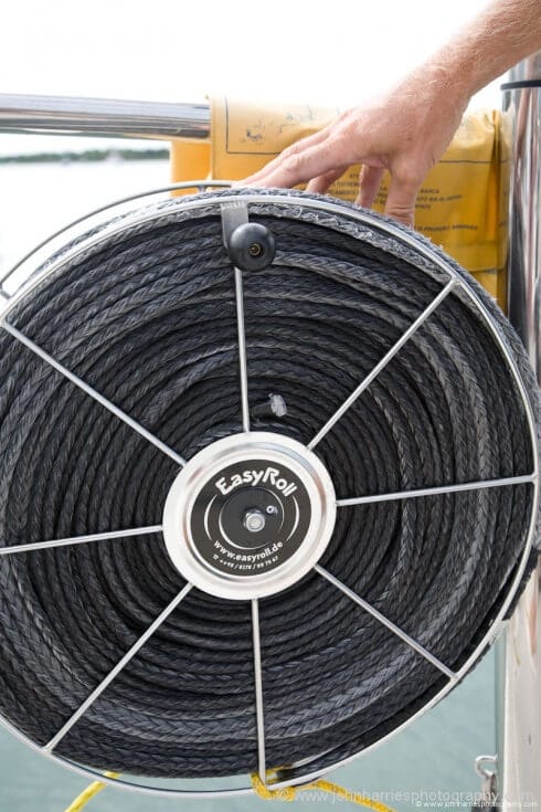 A close-up of the line reels.