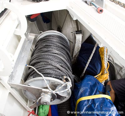 An Easyroll line reel with Dyneema rope on it, stored in the foreward locker on aluminum expedition sailboat Polaris