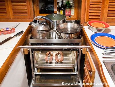 The Force10 marine stove (cooker) in the galley of aluminum expedition sailboat Morgan's Cloud
