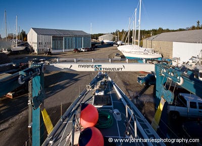 Aluminum expedition sailboat Morgan's Cloud in the travel lift at Billings Diesel and Marine