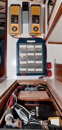 Xantrex TrueChargers installed above battery bank on expedition sailboat Morgan's Cloud JHH5-12213