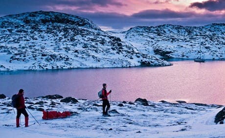 A two mile ski brings us to the bay that "Polaris" is moored in.