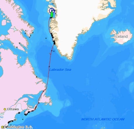 Map of Sailboat Morgan's Cloud's Track From Nova Scotia to Aasiaat Greenland Greenland-Voyage-2
