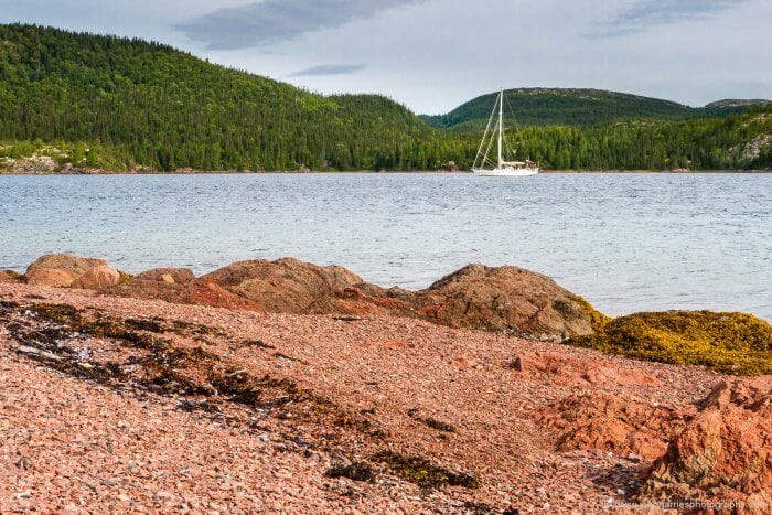 "Morgan’s Cloud" sheltering from a blow in the almost landlocked Occasional Harbour.