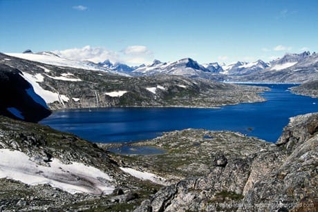 Sailboat at anchor in bowl harbour in Lindenow Fjord, SE Greenland Scanned With Provia Profile