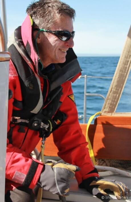 John wearing Musto HPX Ocean foul weather gear on board Morgan's Cloud