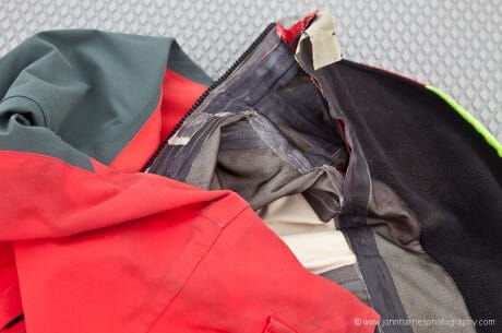 Closeup of Musto HPX foul weather gear showing 5 years of wear