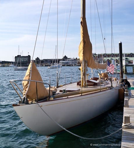 12 m sailboat Gleam tied to dock, taken from port bow JHHG3-1000253