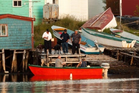 Men and dogs on wooden slipway chat with men and a dog in a speedboat, Burgeo, Newfoundland