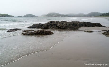 Sandbanks Provincial Park beach in the fog, Burgeo, Newfoundland