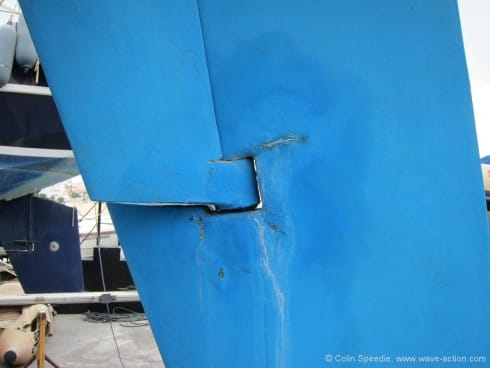 Many people believe that partial skegs are the answer, and that may be true in many cases. But not always, as can be seen here, where the very evident damage to the shell in the area of the lower bearing was far more than cosmetic—look at the extent of that damp patch around the cracked area.