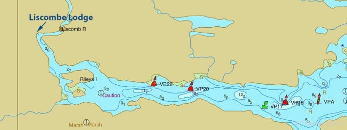 The Liscome river looks intimidating, but just follow the buoys (some not shown on charts) and you will do fine and carry at least 3 meters all the way to the lodge.