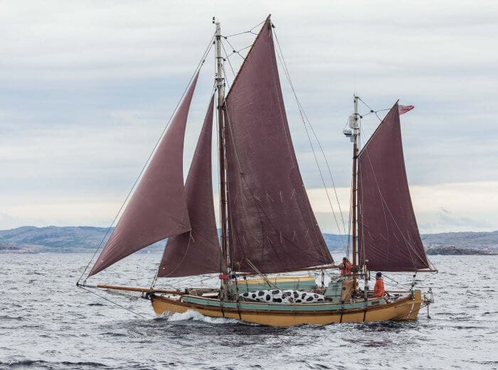 Hannah under full working sail off the coast of Labrador the day we (Phyllis and John) met Mick and Bee the first time.