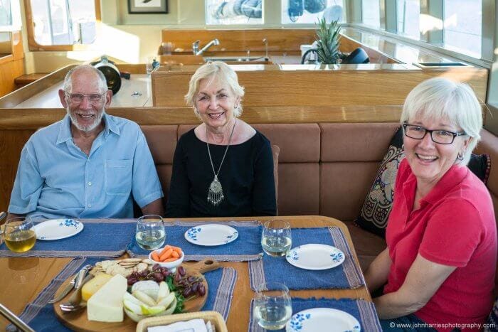 Phyllis hanging out with Steve and Linda Dashew on "Wind Horse" arguably the first sailor's motorboat of recent times.