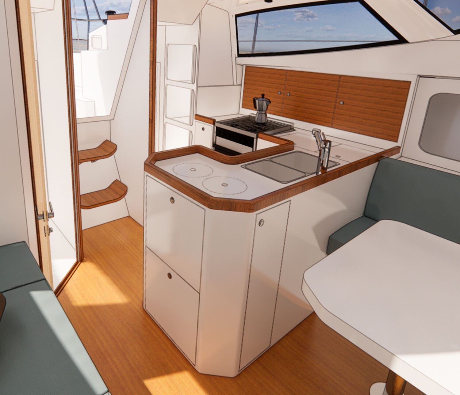 Adventure 40 Reveal—Galley, Head,  and Aft Storage